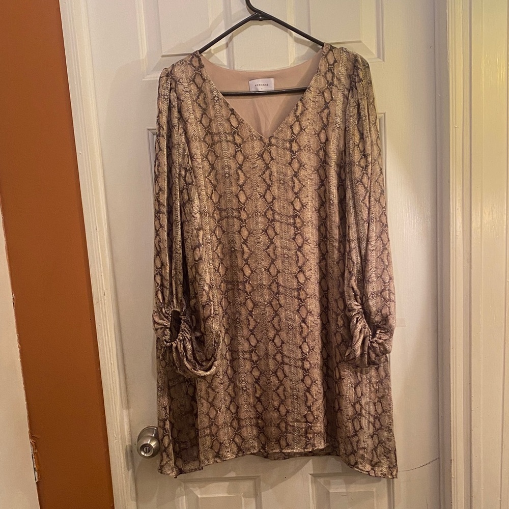 Adrienne Long-Sleeve V-Neck Snake-Print Tunic in Beige and Brown